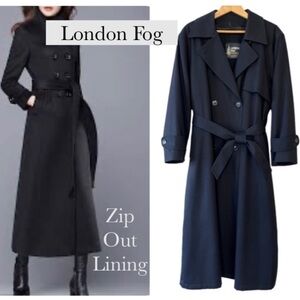 Vintage London Fog Trench Coat Black Warm Zip Out Lining Double Breasted Size 16